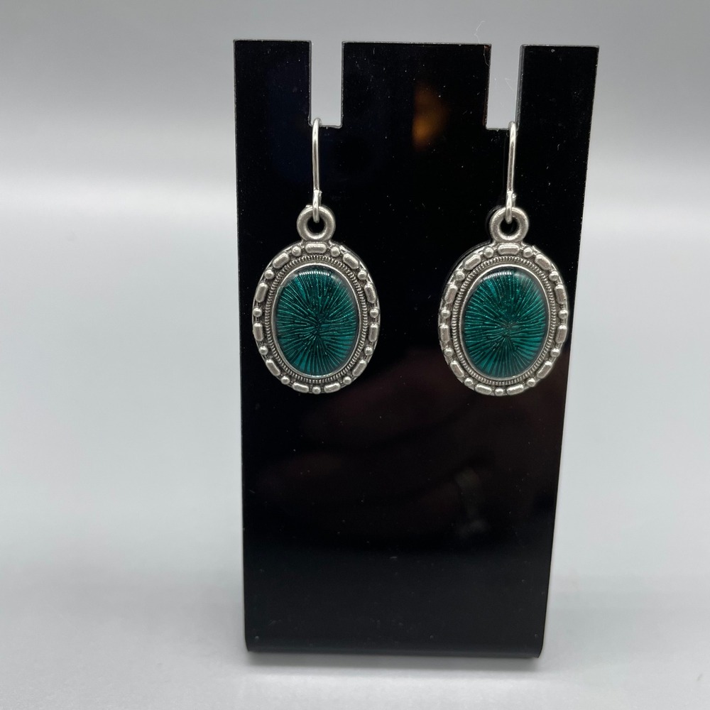Vintage Style Teal Green Sunburst Oval Drop Earrings Silver Tone Beaded Border